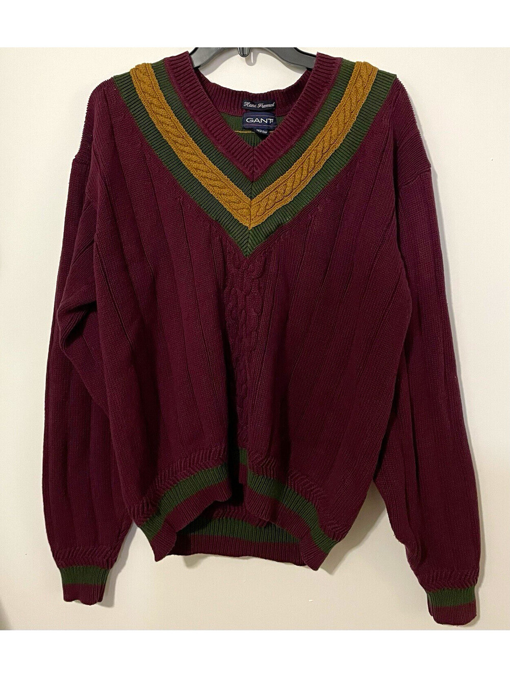 GANT Men's M Burgundy Cotton V-Neck Cable-Knit Long Sleeve Pullover Sweater - Picture 1 of 8